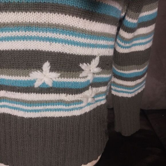 Striped Lady's Turtleneck Sweater with Embroidered Floral Detail - Picture 2 of 5